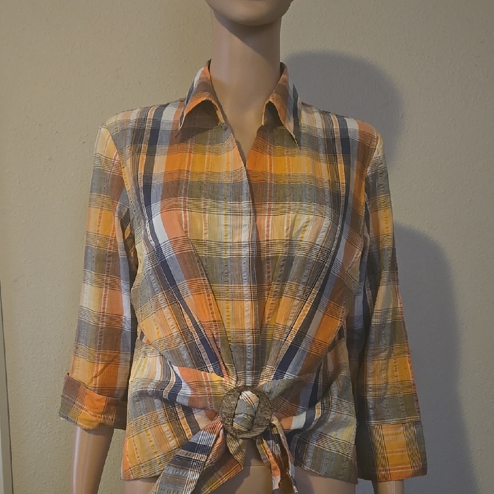 Samuel Dong Gold and Blue Notched Collar Tie-Front Top